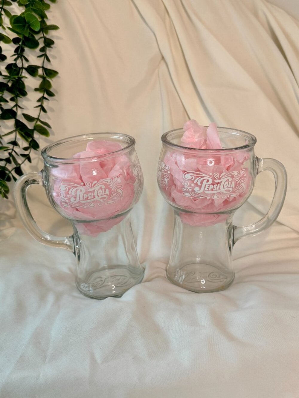 Vintage 1970s Pepsi-Cola Clear Glass Pedestal Soda Fountain Mug with Handle